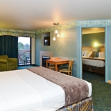 Bedroom with sofa, table, chairs, and kitchenette.