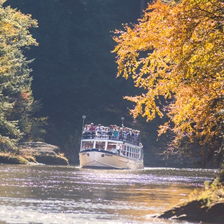A fall Dells Boat Tour in Wisconsin Dells.