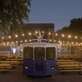 Lighted bier garten area in the evening.