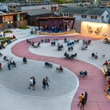 Aerial view of busy Elm Street Plaza.