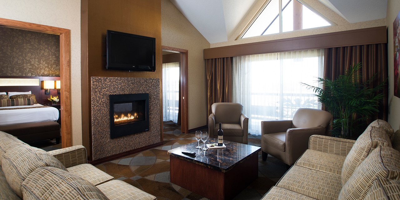 Living area with sofas, arm chairs, coffee table, fireplace, and television.
