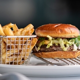 A hamburger and fries.