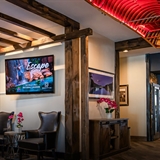 Indoor lobby area and restaurant.