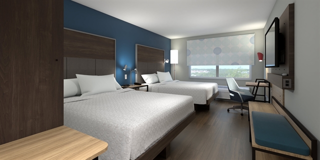 Tru by Hilton room interior.