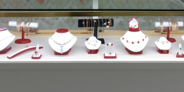 Display of red jewelry.