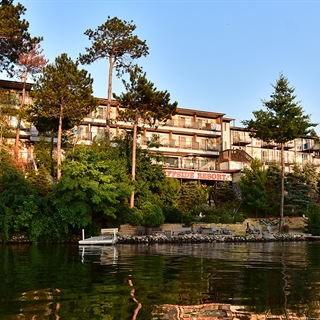 The Wilderness on the Lake buildings stand on the shores of Lake Delton in Wisconsin Dells.